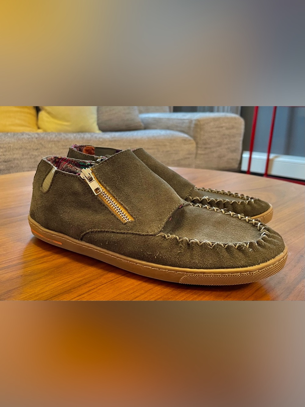 Women’s Olive Suede Slip-On Moccasin with Side Zipper
